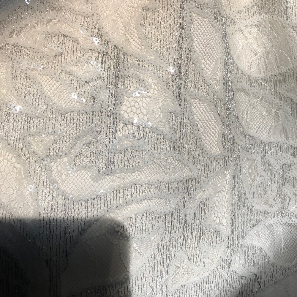 NWT Kay Unger White Sequin Feather Hem Dress - Picture 5 of 8